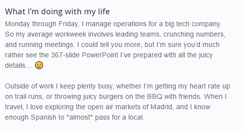 Exemple de profil OkCupid fondé