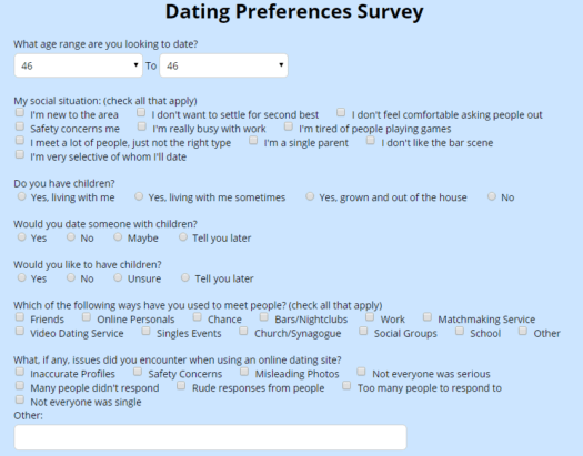 Mature Singles Only dating preferences survey