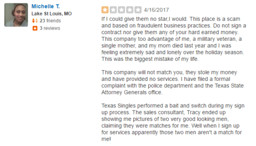 one star Texas Singles Yelp review