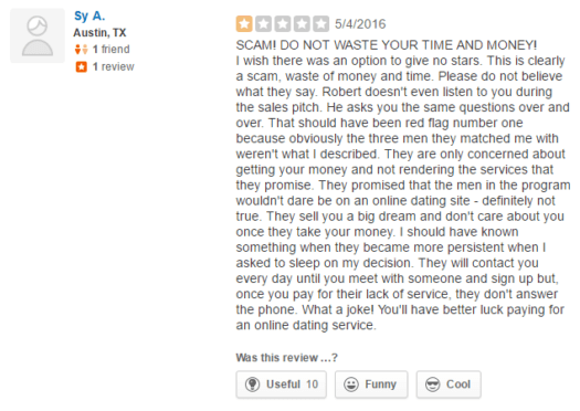 Texas Singles complaint on Yelp