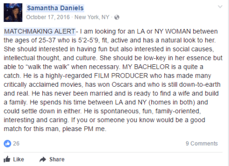 Samantha Daniels matchmaking alert on Facebook
