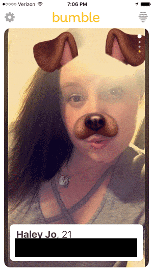 puppy filter on bumble profile pic