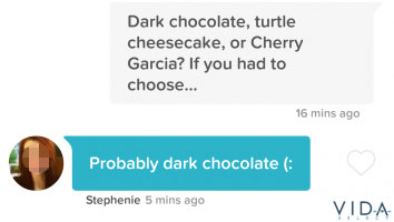 Ejemplo de mensaje de Tinder sobre el chocolate