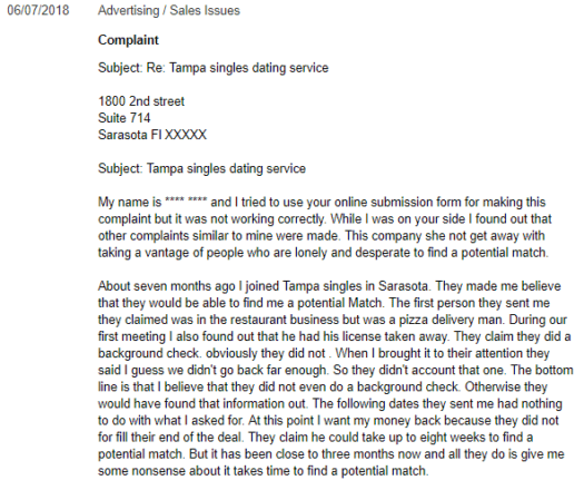 sarasota singles complaint