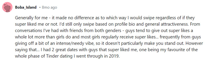 Woman talking about Super Likes on Reddit