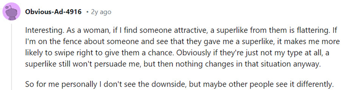 Super Likes get her off the fence, according to a Redditor