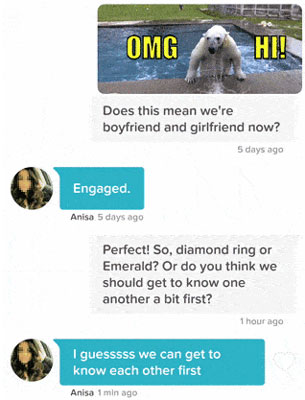 Tinder message example that includes a cute animated GIF