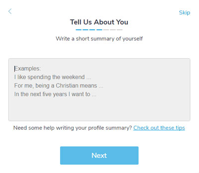 Christian Mingle "About You" screen