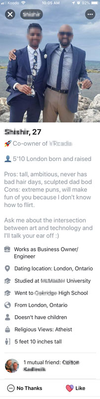 Example of a Facebook dating profile showing mutual friends