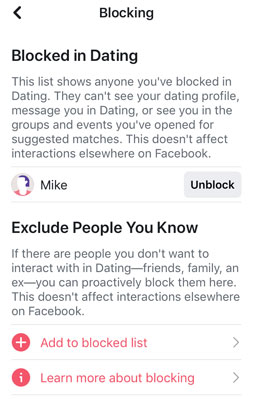 how to block a match in Facebook Dating