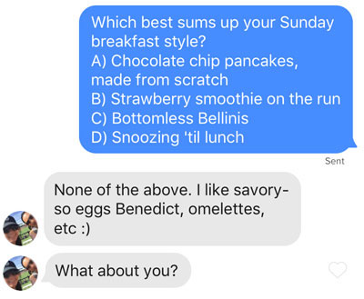 Tinder line that gives multiple choice options about her breakfast style