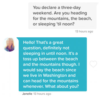 three day weekend Tinder message example