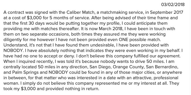 Caliber Match BBB complaint