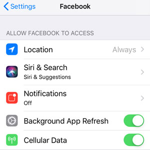 Facebook access settings on iPhone