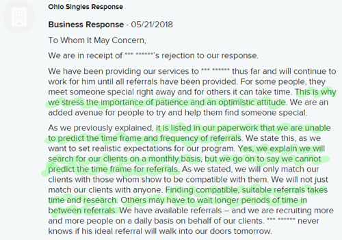 Ohio Singles complaint response