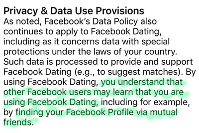 Facebook Dating privacy policy