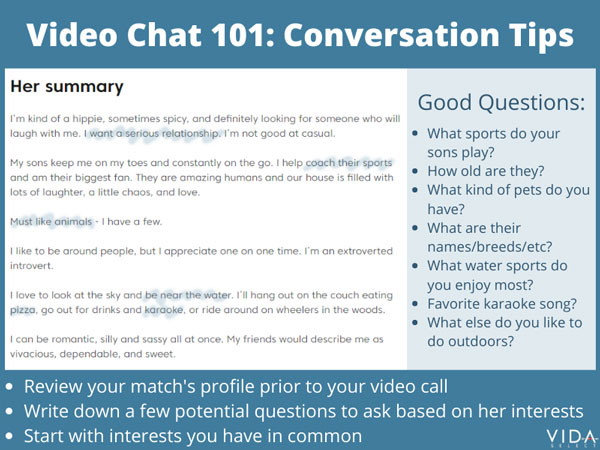 Video chat conversation tips based on dating profile