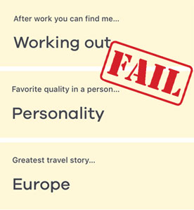 3 examples of boring Bumble prompt answers