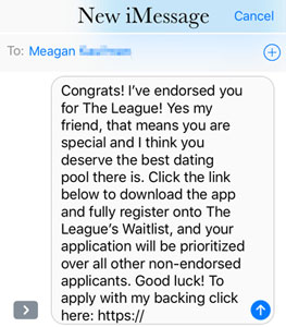 Example of sending a friend endorsement on The League