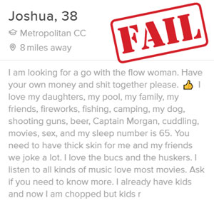 Tinder bio example that's way too long.