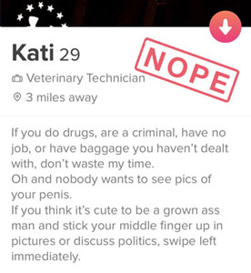 Example of a woman's negative Tinder profile