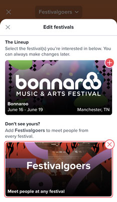 Festival menu on Tinder