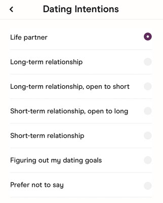 List of Hinge dating intentions choices