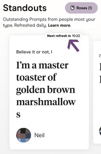 Hinge Standouts refresh countdown