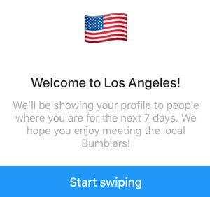 Welcome to LA Bumble travel mode confirmation popup