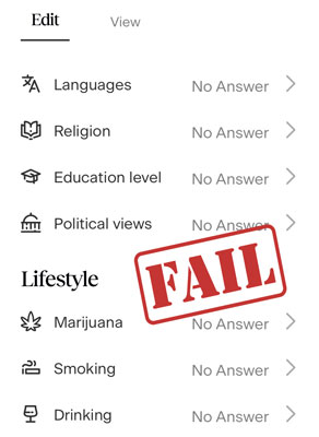 Example of a profile with "no answer" listed
