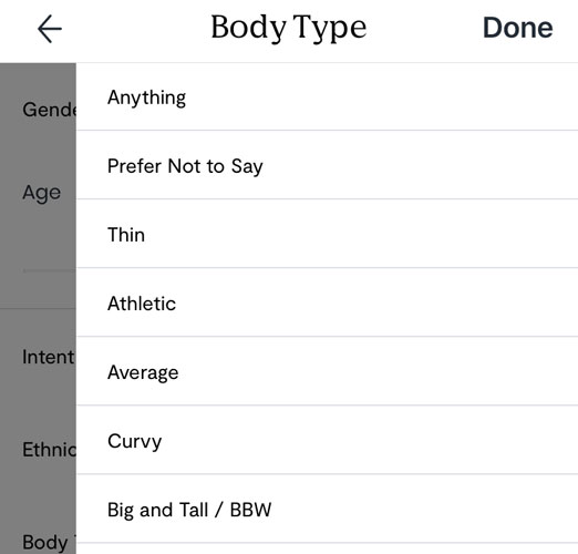 POF body type search filters
