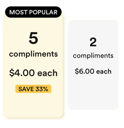 Bumble Compliment Cost - 5 for $20 or 2 for $12