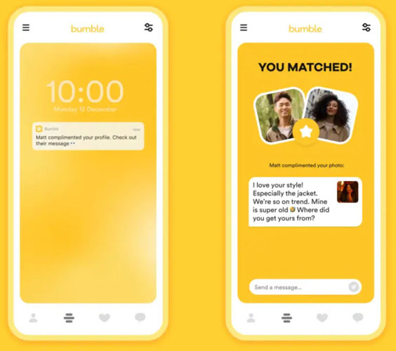 Examples of compliments notifications on Bumble