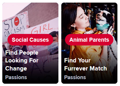 Social Causes and Animal Parents categories on Tinder Explore