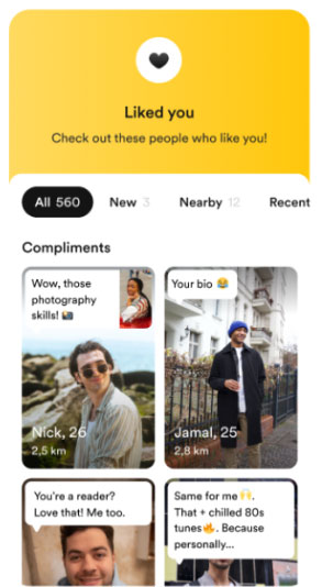 Likes You Feed on Bumble revealing Compliments