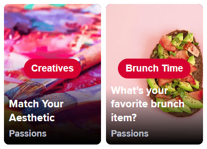 Examples of two Tinder Passions categories in the Explore page