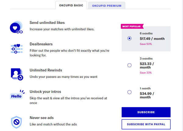 OkCupid Basic cost & features