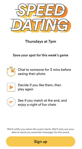 Speed Dating card in Bumble profile stack