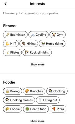 Bumble BFF Interest badge options for Fitness and Foodie categories