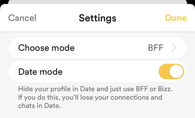 Bumble Modes settings menu