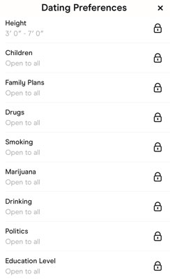 Hinge+ Dating Preferences List