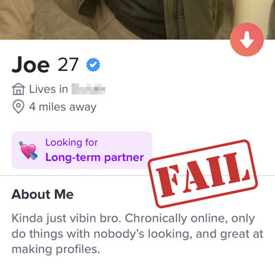 Tinder profile with a relationship goal that doesn't match the profile tone.