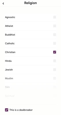 Hinge religion filter with Dealbreaker feature