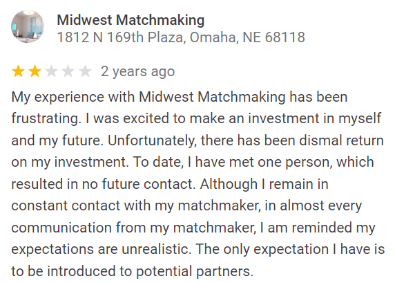 2-star google review for Midwest Matchmaking