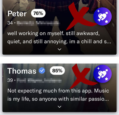 Examples of red flags in the first sentences of OkCupid profiles.
