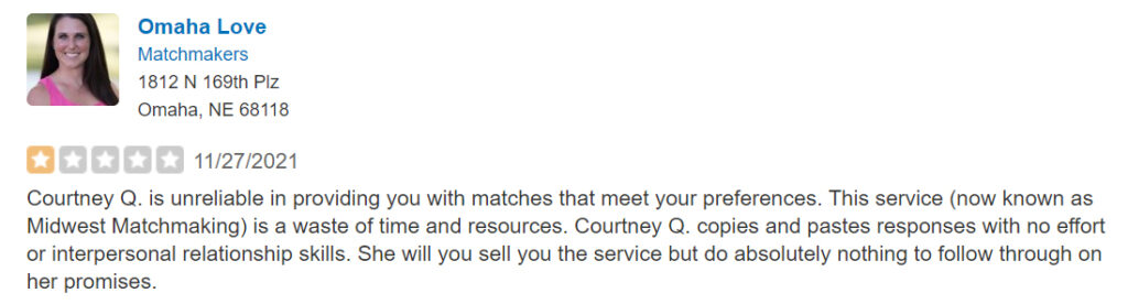 Yelp review for Omaha Love/Midwest Matchmaking