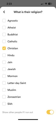 Bumble's religion filter for Christians.