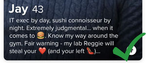 Example of a Tinder bio that has very compelling lines in it.