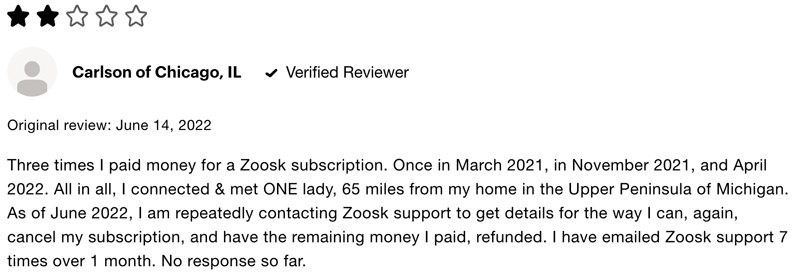 1-star Consumer Affairs Zoosk review