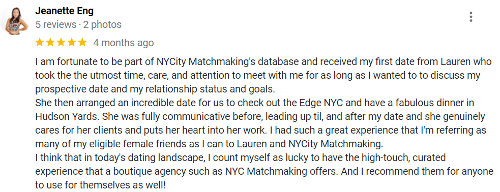 Example of a Google review for NYCity Matchmaking that's 5 stars